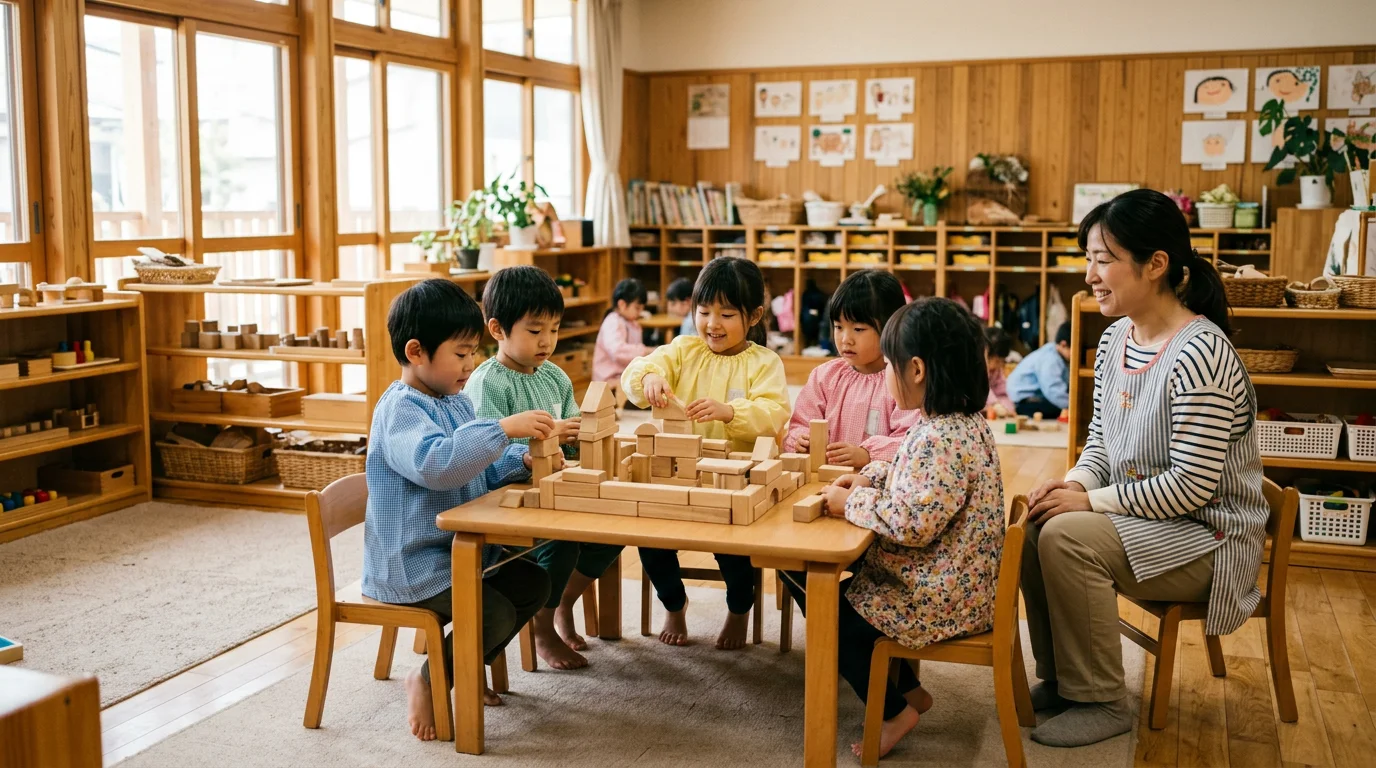 保育室で園児たちが先生と遊びながら過ごす様子