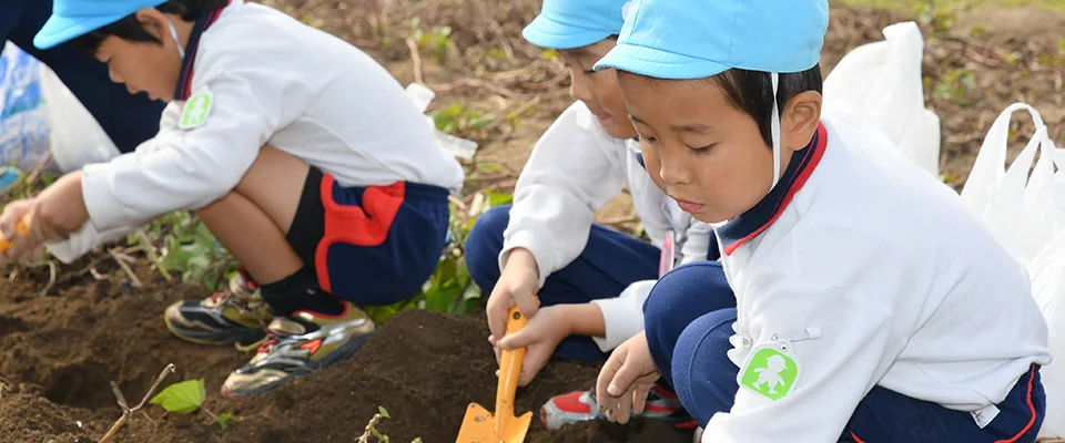 園の畑で土に触れながら作業をする子どもたち